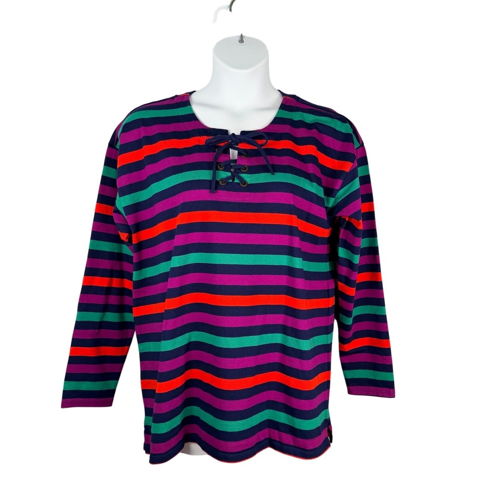 Lands End Top Women Large 14-16 Colorful Striped Cotton Lace-up Tunic Resortwear